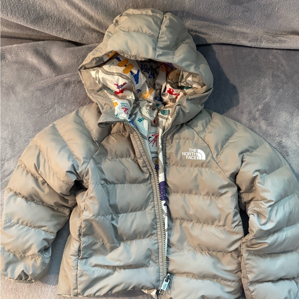 The North Face Taupe Puffer Jacket with Patterned Lining